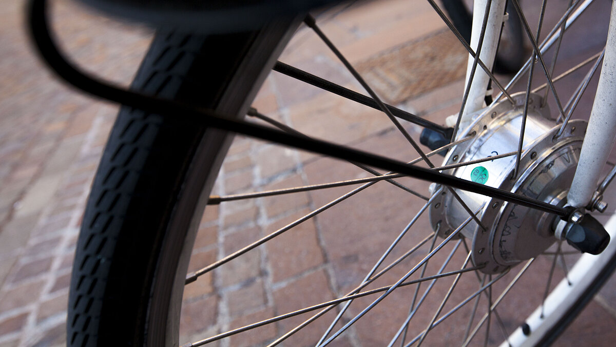 Close-up of a bicycle wheel.