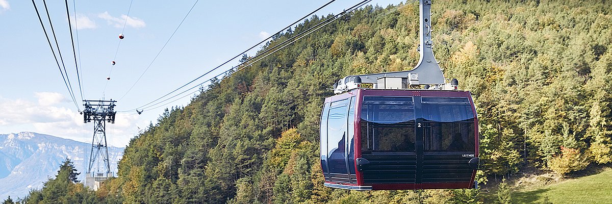 Cabina della funivia del Renon in discesa con il bosco sullo sfondo.