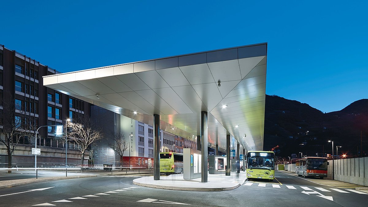 The bus terminal in Bolzano/Bozen by night